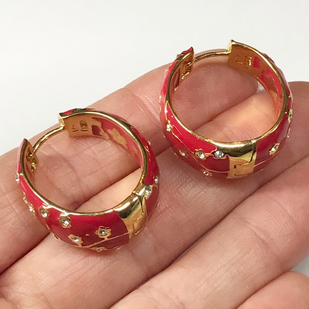 Lauren G Adams LGA Dome Tapered Hoop Earrings Gold Plated Red Enamel Rhinestone - Picture 2 of 12